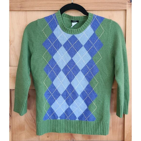 J Crew Merino Wool Angora Cashmere Green Argyle Sweater SMALL Fall Academia S - Picture 1 of 6